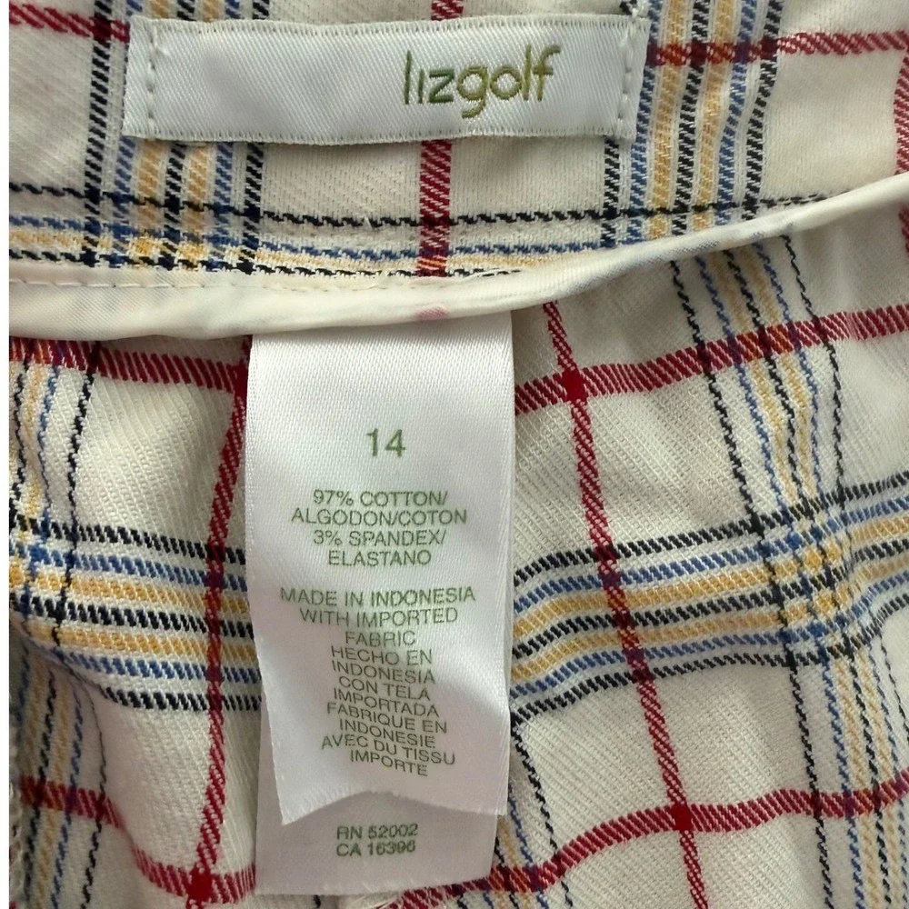 90s Vintage Lizgolf Liz Claiborne Plaid Shorts Womens 14 White Red Blue Yellow
